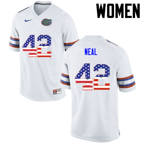 Women Florida Gators #42 Keanu Neal College Football USA Flag Fashion Jerseys-White - Click Image to Close